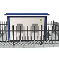 Small Building With Blue Roof White Walls Black Fence And Yellow Warning Sign