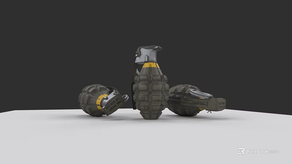 Three Dark Hand Grenades With Yellow Details Tactical Military Weapon Design 3d model 