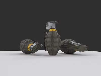 Three Dark Hand Grenades With Yellow Details Tactical Military Weapon Design 3d model