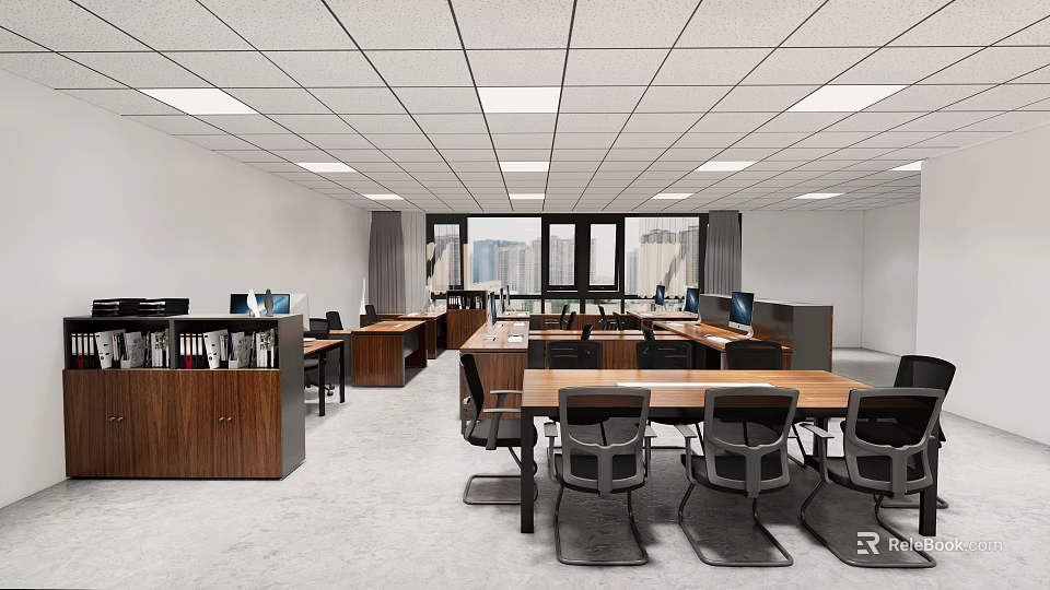 Modern Public Office Space Interior Design With Open Layout Desks Chairs And Windows 3d model 