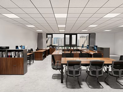 Modern Public Office Space Interior Design With Open Layout Desks Chairs And Windows 3d model