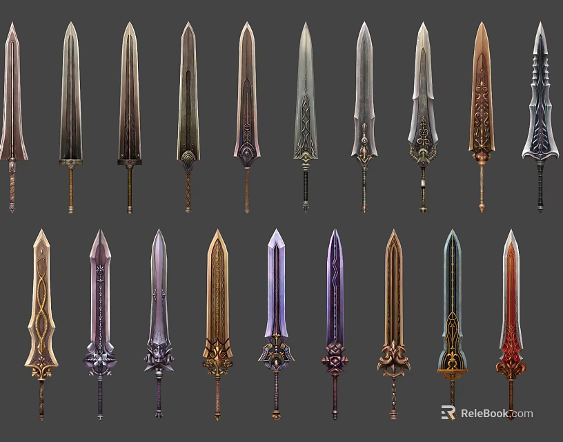 Variety Of Decorative Swords Featuring Ornate Handles Different Styles And Metallic Finishes 3d model 