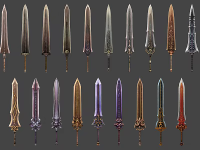 Variety Of Decorative Swords Featuring Ornate Handles Different Styles And Metallic Finishes 3d model