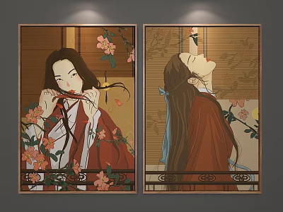 Traditional Chinese Figure Paintings Featuring Women In Red Traditional Robes Cherry Blossoms Bamboo And Moon 3d model