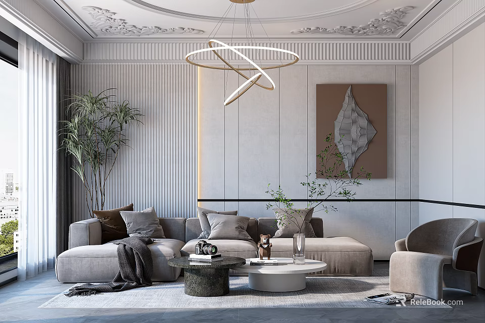 Elegant Modern Living Room Interior Design With Sofa Coffee Tables Chandelier Plant And Wall Art 3d model 
