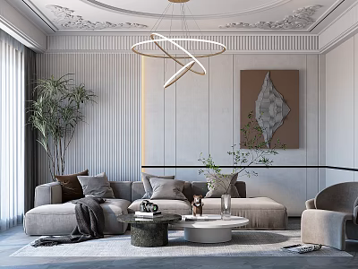 Elegant Modern Living Room Interior Design With Sofa Coffee Tables Chandelier Plant And Wall Art 3d model