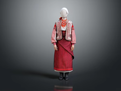 Traditional Ethnic Clothing With Red Striped Skirt Vest Headscarf And Necklace 3d model
