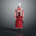 Traditional Ethnic Clothing With Red Striped Skirt Vest Headscarf And Necklace