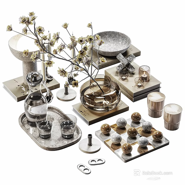 Elegant Modern Decorative Ornament Set With Glass Vase Tray Candles Geometric Ornaments And Dried Flowers 3d model 
