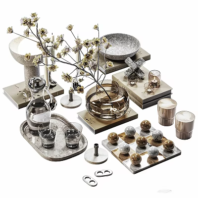 Elegant Modern Decorative Ornament Set With Glass Vase Tray Candles Geometric Ornaments And Dried Flowers 3d model