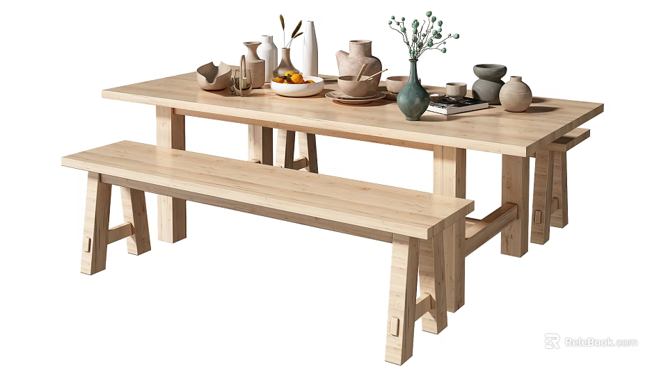 Wooden Dining Table Set With Bench Vase Bowls And Cups On Top 3d model 