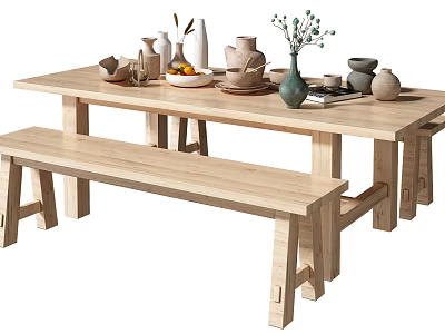 Wooden Dining Table Set With Bench Vase Bowls And Cups On Top 3d model