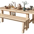 Wooden Dining Table Set With Bench Vase Bowls And Cups On Top