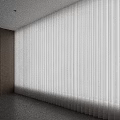 White Vertical Curtains In Bright Modern Room With Wooden Cabinets And Shelves