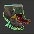 Black White Collar Boots with Gold Hollow Heel and Orange Decorative Stripes for Daily Living