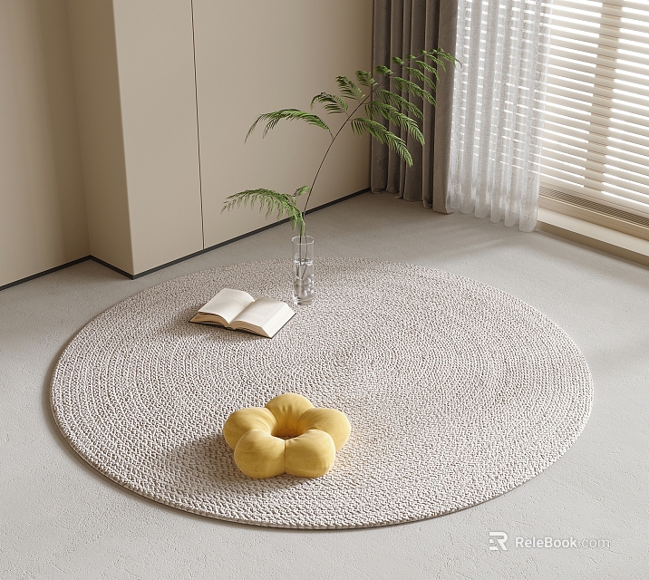 Beige Woven Round Rug with Yellow Flower Cushion Open Book and Green Plant in Room Corner 3d model 
