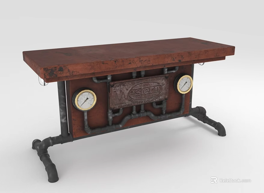 Industrial Style Table With Brown Tabletop Metal Pipe Structure And Round Gauges 3d model 