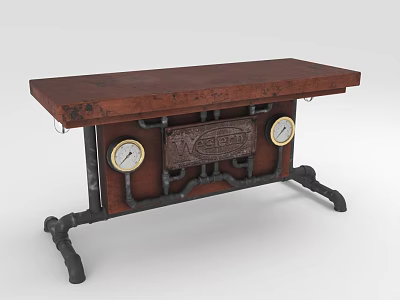 Industrial Style Table With Brown Tabletop Metal Pipe Structure And Round Gauges 3d model