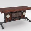 Industrial Style Table With Brown Tabletop Metal Pipe Structure And Round Gauges