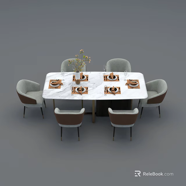 Modern Dining Table Set with Marble Top Light Grey Chairs and Decorative Vases Tableware 3d model