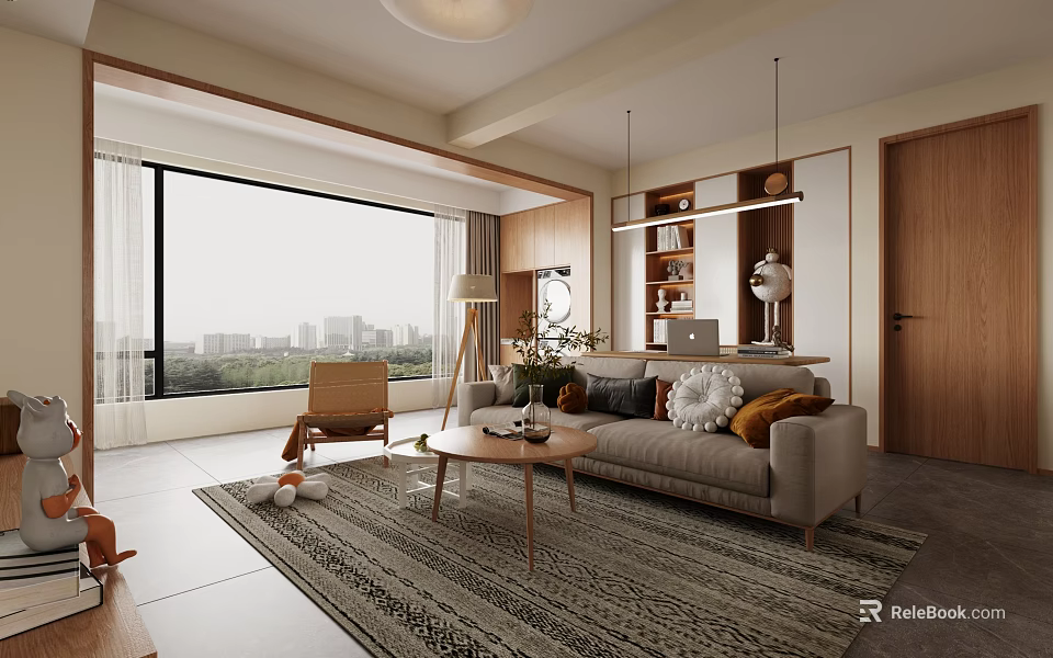 Modern Cozy Living Room Interior With Large Window City View Neutral Sofa And Patterned Rug 3d model 