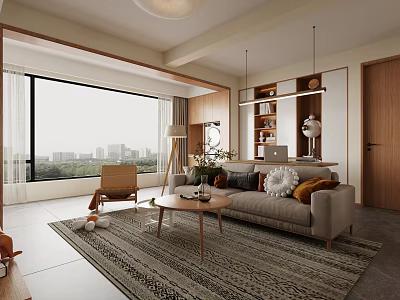 Modern Cozy Living Room Interior With Large Window City View Neutral Sofa And Patterned Rug 3d model