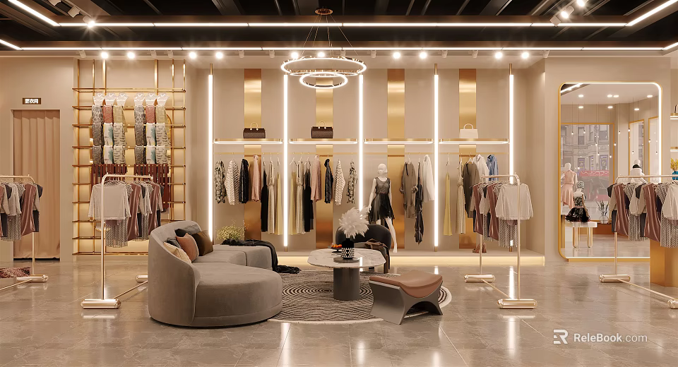 Stylish Clothing Store Interior With Clothing Displays Seating Area And Modern Lighting 3d model 