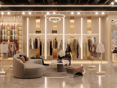 Stylish Clothing Store Interior With Clothing Displays Seating Area And Modern Lighting 3d model
