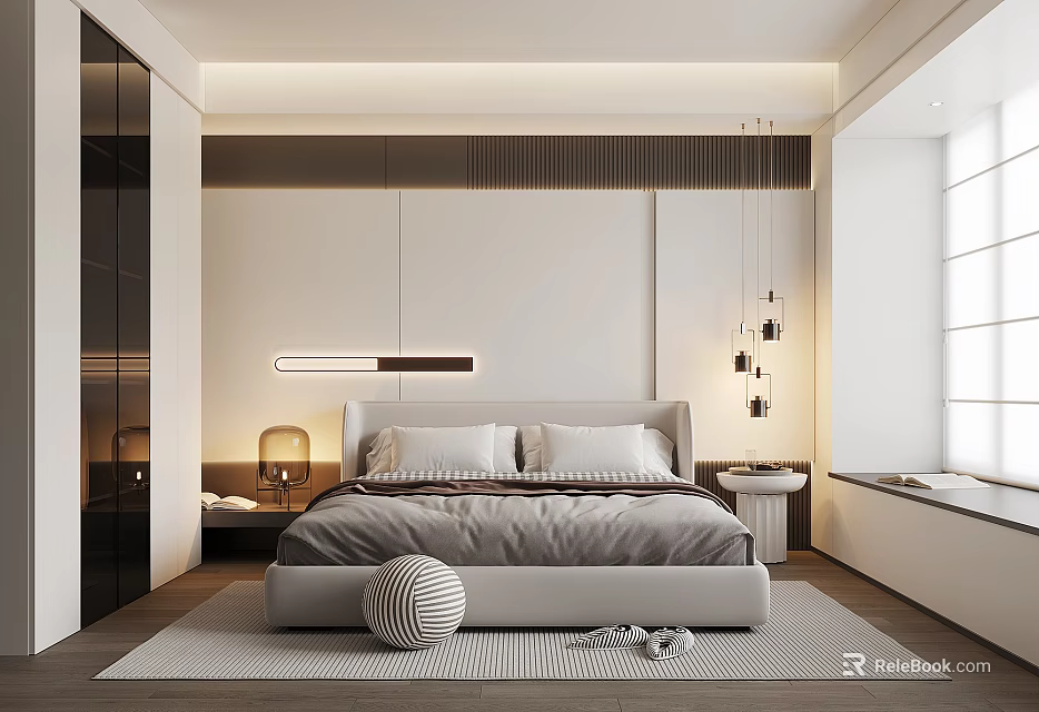 Modern Minimalist Bedroom Interior with Bed LED Strip Pendant Lights Bathtub by Window Rug 3d model 