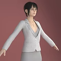 Woman In White Blazer And Gray Dress With Black High Heels Arms Outstretched Against Pink Background
