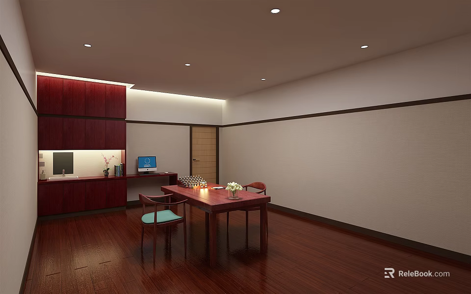 Traditional Interior Design With Redwood Cabinet Table Chairs And Wooden Floor 3d model 