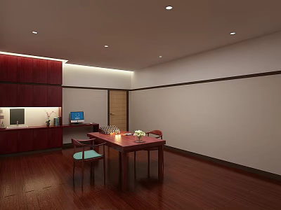 Traditional Interior Design With Redwood Cabinet Table Chairs And Wooden Floor 3d model