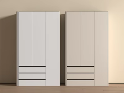 Modern Wardrobes With Sliding Doors And Drawers Against Light Wall On Wooden Floor 3d model
