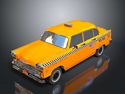 Vintage Yellow Taxi With Checkered Stripes American Flag Sticker On Shiny Surface 3d model