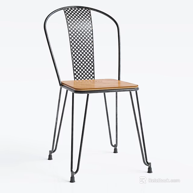 Modern Dining Chair With Black Metal Frame Wooden Seat And Grid Pattern Back Design 3d model 