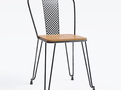 Modern Dining Chair With Black Metal Frame Wooden Seat And Grid Pattern Back Design 3d model
