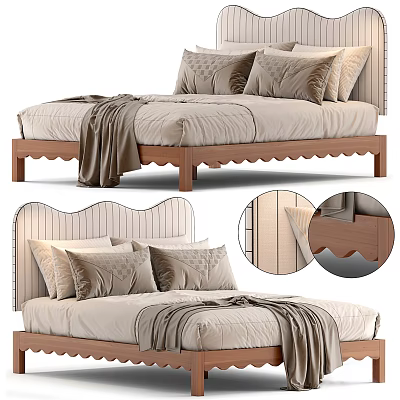 Elegant Double Bed With Striped Headboard Scalloped Wooden Frame And Soft Beige Linen Bedding 3d model