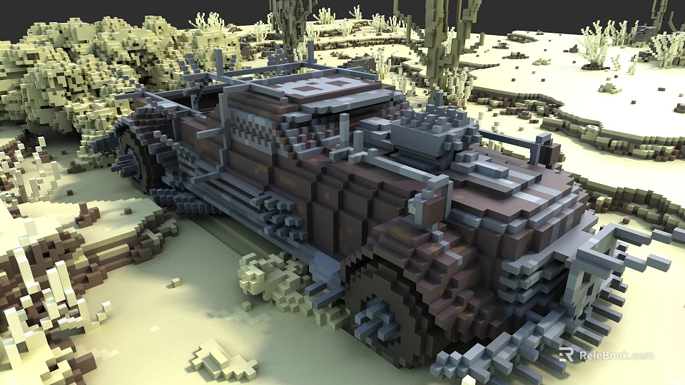 Pixel Style Car With Blocky Metal Texture In Desert Landscape And Cacti 3d model 