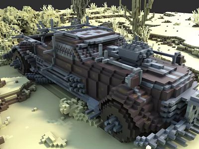 Pixel Style Car With Blocky Metal Texture In Desert Landscape And Cacti 3d model