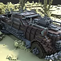 Pixel Style Car With Blocky Metal Texture In Desert Landscape And Cacti