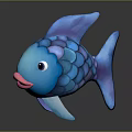 Blue Cartoon Fish Character With Scales Pink Mouth And 3D Model Design