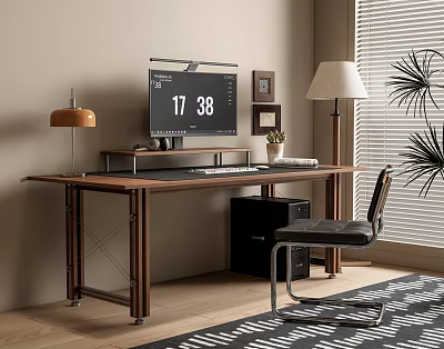 Modern Home Office Desk With Wood Top Metal Frame Monitor Lamp And Chair 3d model