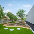 School Campus Outdoor Green Space With Trees Circular Structures Blue Installation And Seating Areas 3d model