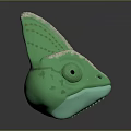 Detailed Green Chameleon Head Sculpture With Textured Skin And Horned Crest