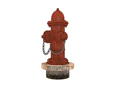 Red Fire Hydrant With Metal Chains On Concrete Base Outdoor Emergency Fire Equipment 3d model