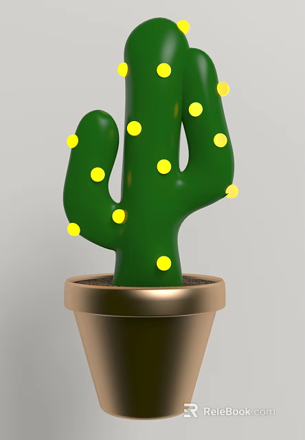 Green Cactus Plant With Yellow Dots In Golden Pot For Home Decoration 3d model 