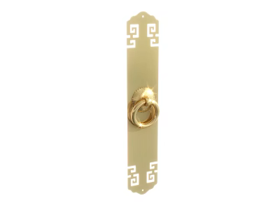 Golden Decorative Door Knocker With Rectangular Plate And Geometric Patterns 3d model