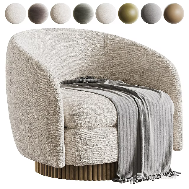 Modern Cream Boucle Upholstered Single Sofa With Soft Striped Throw Blanket For Cozy Living Room 3d model 