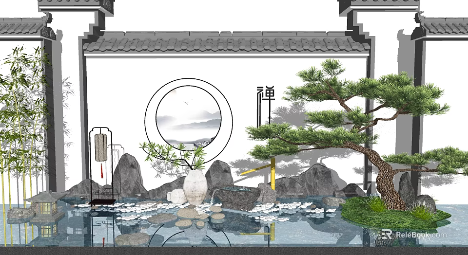Chinese Style Scenic Wall With Circular Landscape Pattern Pine Tree Rockery Water Feature And Lantern 3d model 