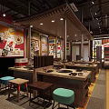 Traditional Chinese Hunan Restaurant Interior With Wooden Tables Colorful Stools And Red Decor Elements